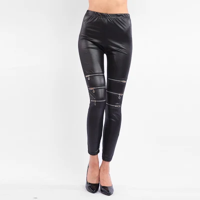 Preto zip buraco brilhante mulheres apertadas leggings elásticas street wear calças pu